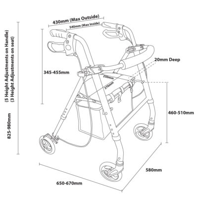 Lightweight Four Wheeled Rollator — 6″ Wheels (Silver)