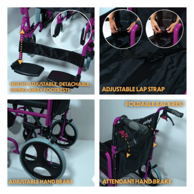 Compact Transport Aluminium Wheelchair (Pink)